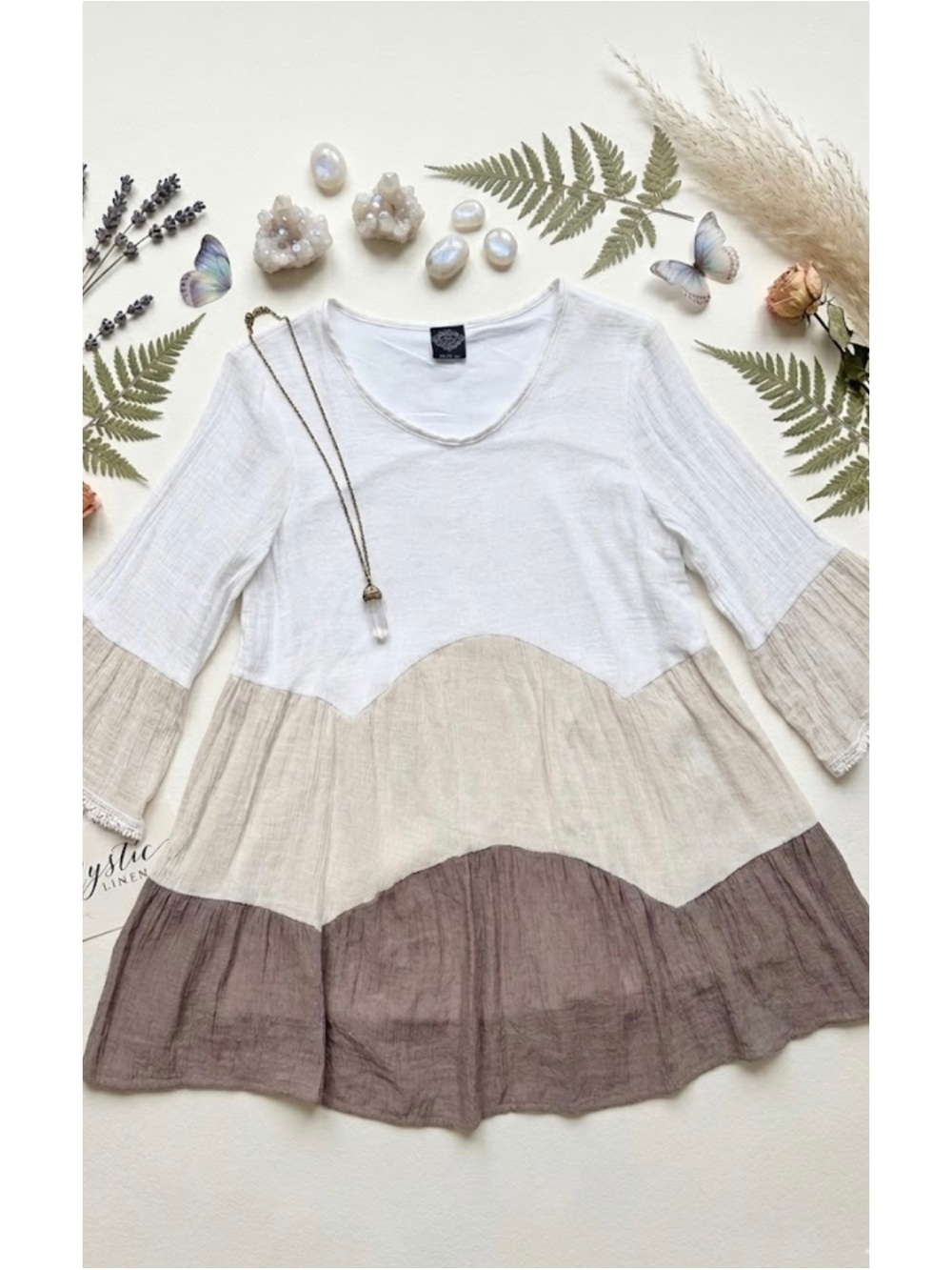 Calstyle Boho Tiered Colorblock Tunic Top Crochet Trim Bell Sleeves - Picture 2 of 13